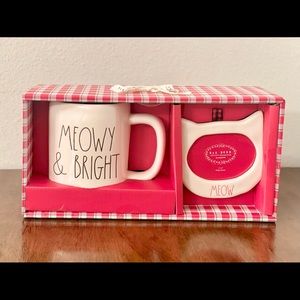 2021 Rae Dunn Holiday "MEOWY & BRIGHT" Coffee Mug & Frame Ornament Gift Set